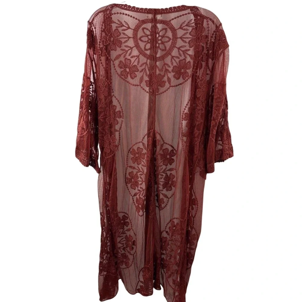 Free People Sheer Floral Lace Duster Kimono Burgundy Rust Medallion OS